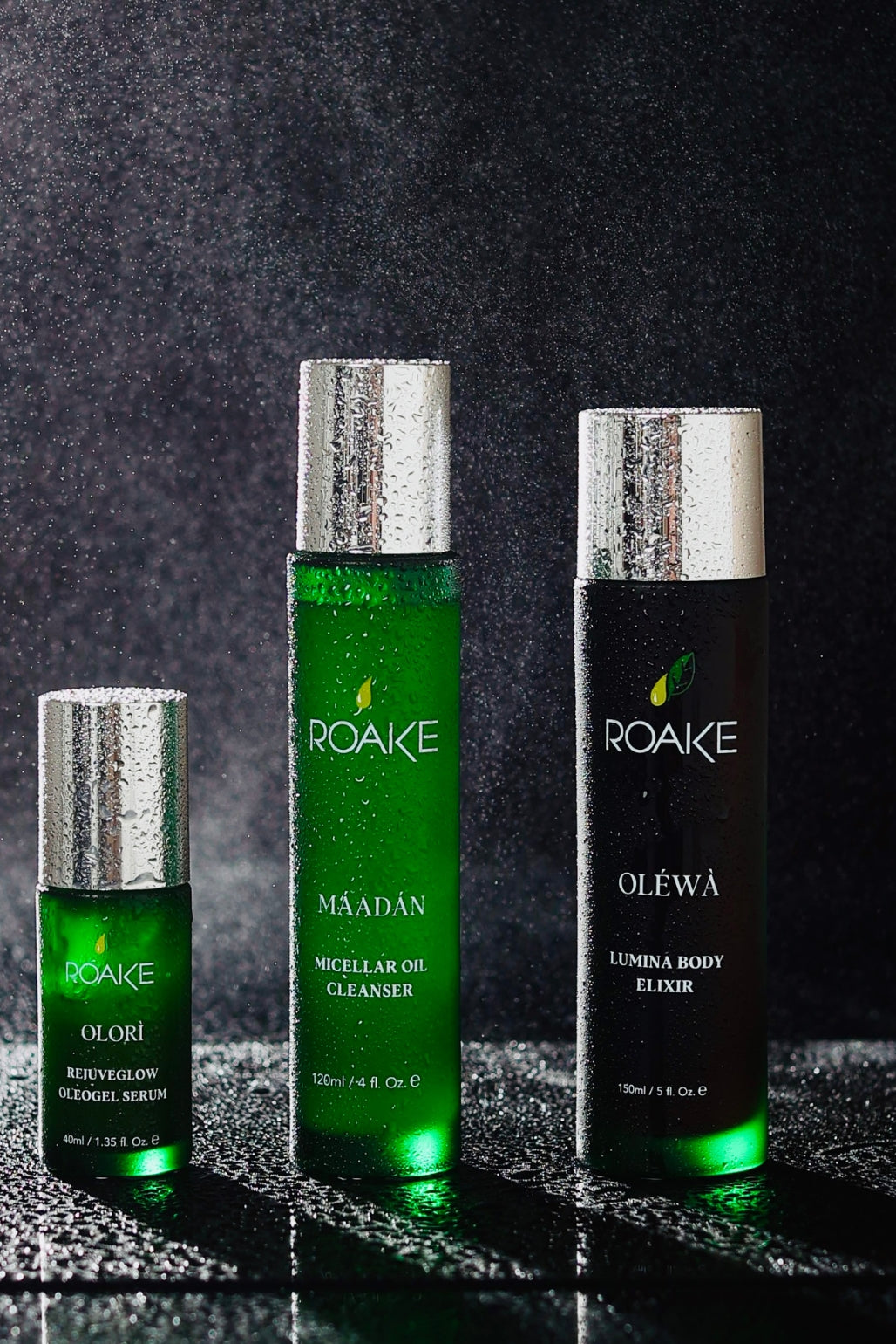 Three Roake skincare products on a dark background